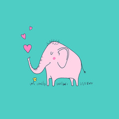 Cute baby elephant in love with hearts - vector hand drawn illustration. Childish kawaii style sketch with small animal. Valentines day romantic greeting card