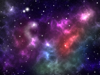 Colorful outer space galaxy nebula gas clouds bright shining stars purple pink aqua blue