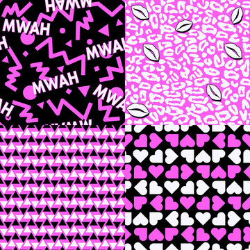 Love in the 80's Pattern Set - Collection of 4 seamless Valentines love patterns  with an 80’s look.
