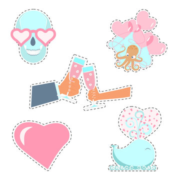 Fashion patch badges with love elements for Valentines day. Vector illustration isolated on white background. Set of stickers, pins, patches in cartoon 80s-90s pop-art style.