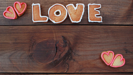 background with heart shape and word love valentine homemade cookies with space for text