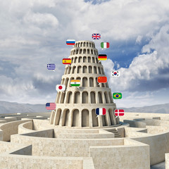  3d image of a tower with several flags of various languages. tower of babel, concept of knowledge...