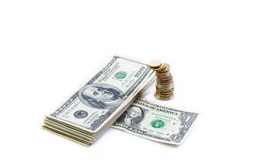 banknotes and coins isolated on white background 