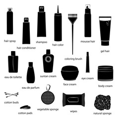 Set of beauty care cosmetics illustrations. White background, black objects, white outline, names. Isolated images for your design. Vector.