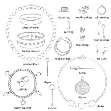 Set of jewelry illustrations. White background, white objects, black outline, names. Isolated images for your design. Vector.