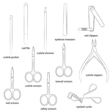 Basic nail tools, outline classical pedicure collection of tools, hand  drawn doodle sketch with inscription, isolated vector color illustration  Stock Vector | Adobe Stock