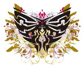 Grunge peaked butterfly. Tribal butterfly with colorful floral splashes and golden feathers
