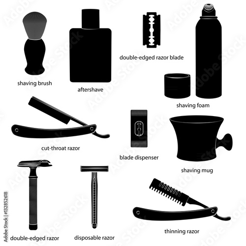 "Set of shaving equipment illustrations. White background, black