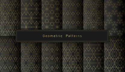 vector set of twelve golden polygonal geometric seamless patterns on black background. minimalistic style. Part two
