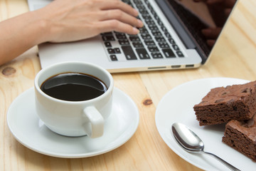 closeup coffee cup on wooden table