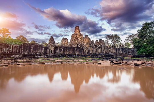 Bayon Temple with giant stone faces, Angkor Wat, Siem Reap, Camb