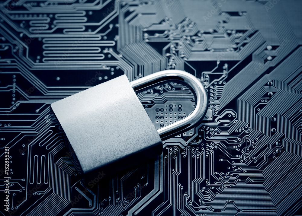 Poster computer security concept. padlock on computer circuit board