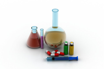 laboratory flasks and test tube with medicines