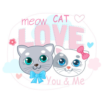 Cute Little Cat Vector Illustration. Love Cat Cartoon Vector. Т-Shirt Design Vector Illustration. Two Kitty With Text And Heart. Cute Animal Pictures. Cats In Love Images.