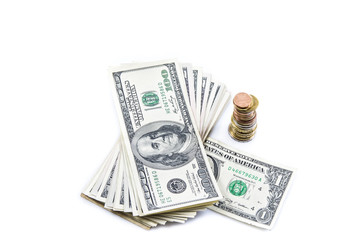 banknotes and coins isolated on white background 