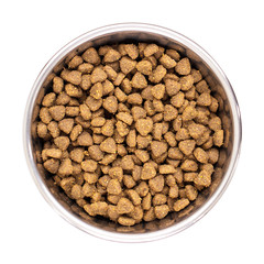 Cat food in an iron bowl, isolated on white background