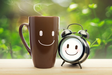 Steaming coffee cup on a rainy day window background
