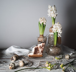 hyacinth in glass vases, cake and quail eggs on a wooden table .