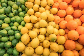 Counter with fresh citrus fruits from a market,  lime, lemon and oranges, very colorful and vibrant.