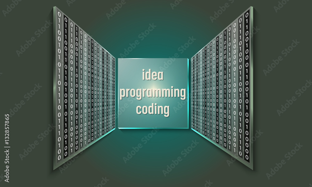 Poster set of three glass panels with binary code and the words idea, p