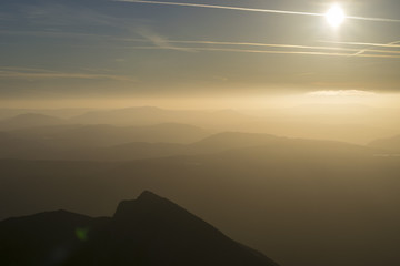 Aerial shot from high over Snowdonia, Wales, UK.