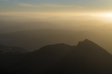 Early morning aerial shot in the mountains.