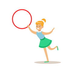 Fototapeta premium Girl With Hula-Hoop, Creative Child Practicing Arts In Art Class, Kids And Creativity Themed Illustration