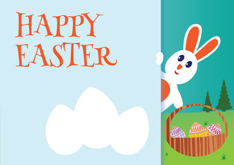 Colorful Happy Easter greeting card with rabbit and eggs