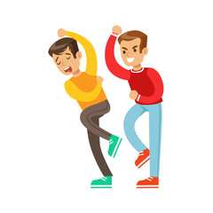 Two Boys Fist Fight Positions, Aggressive Bully In Long Sleeve Red Top Fighting Another Kid Who Is Weaker But Is Fighting Back