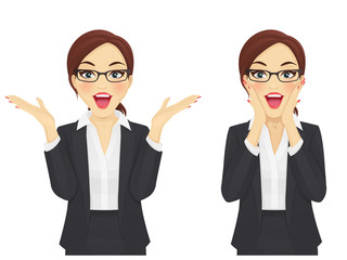 Surprised business woman smiling with open mouth isolated