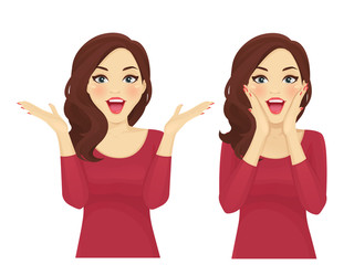 Surprised beautiful woman smiling with open mouth isolated