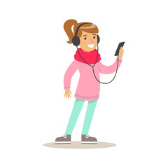 Girl With Headphones And Smartphone, Child And Gadget Illustration With Kid Watching And Playing Using Electronic Device