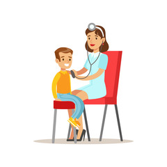 Fototapeta premium Kid On Medical Check-Up With Female Pediatrician Doctor Doing Physical Sthetoscope Examination For The Pre-School Health Inspection