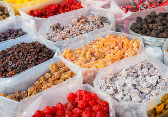 Selective focus, Dried sweet fruits for sale at market in Chinatown, Bangkok, Thailand