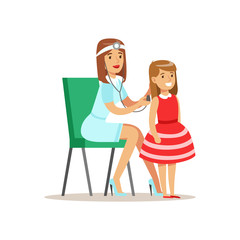 Girl Checked With Sthetoscope On Medical Check-Up With Female Pediatrician Doctor Doing Physical Examination For The Pre-School Health Inspection