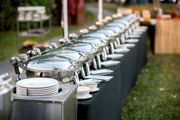 Buffet Table with Row of Food Service Steam Pans