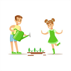 Boy And Girl Watering Plants Helping In Eco-Friendly Gardening Outdoors Part Of Kids And Nature Series