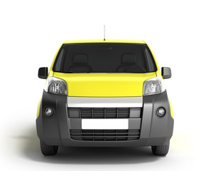 Yellow delivery car in front on a white background 3D illustrati