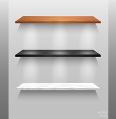 Vector Empty Wooden Shelves Isolated on Wall Background