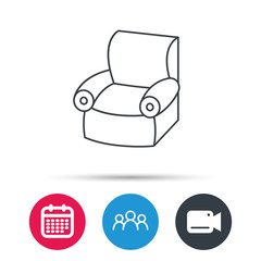 Armchair icon. Comfortable furniture sign. Group of people, video cam and calendar icons. Vector