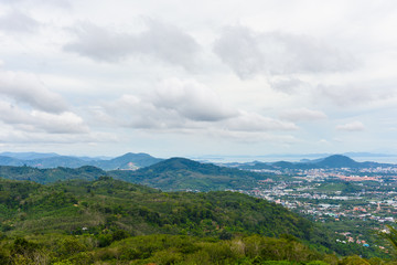 view of Phuket town, sea, mountains.