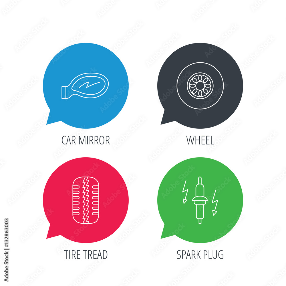Poster colored speech bubbles. wheel, car mirror and spark plug icons. tire tread linear sign. flat web but