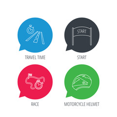 Colored speech bubbles. Motorcycle helmet, race timer and travel time icons. Start race linear sign. Flat web buttons with linear icons. Vector