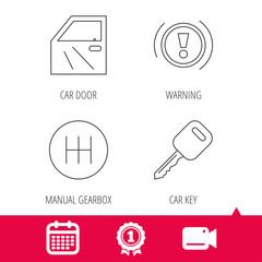 Fototapeta premium Achievement and video cam signs. Car key, warning and manual gearbox icons. Car door, transmission linear signs. Calendar icon. Vector