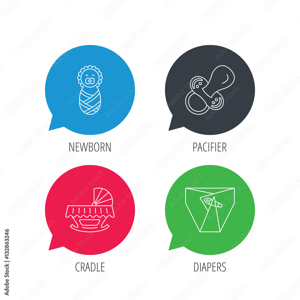 Poster colored speech bubbles. pacifier, newborn and diapers icons. cradle bed linear sign. flat web button