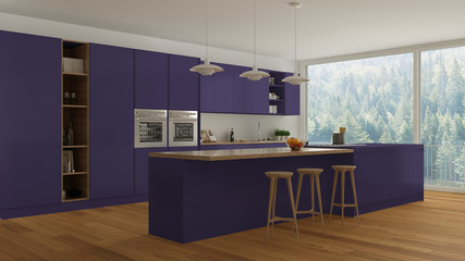 Scandinavian white kitchen with wooden and purple details, minim