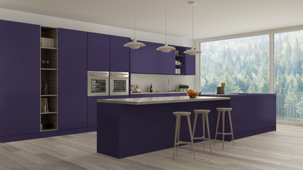 Scandinavian white kitchen with wooden and purple details, minim