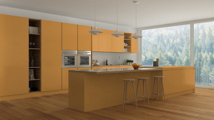 Scandinavian white kitchen with wooden and orange details, minim