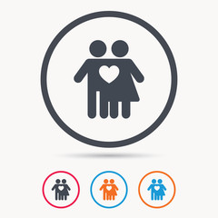 Couple love icon. Traditional young family symbol. Colored circle buttons with flat web icon. Vector