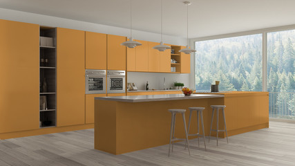 Scandinavian white kitchen with wooden and orange details, minim